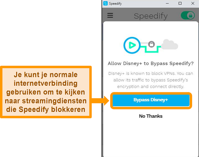 Screenshot van de gebruikersinterface van Speedify met een bypass-optie voor Disney +
