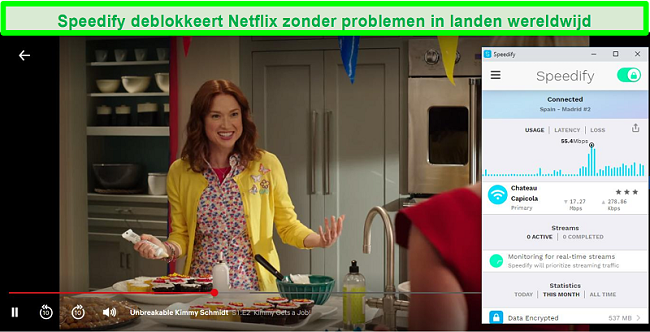 Screenshot van Netflix die Unbreakable Kimmy Schmidt speelt terwijl Speedify is verbonden met een server in het Spaans