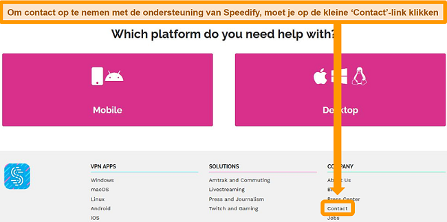 Screenshot van de ondersteuningspagina op de website van Speedify