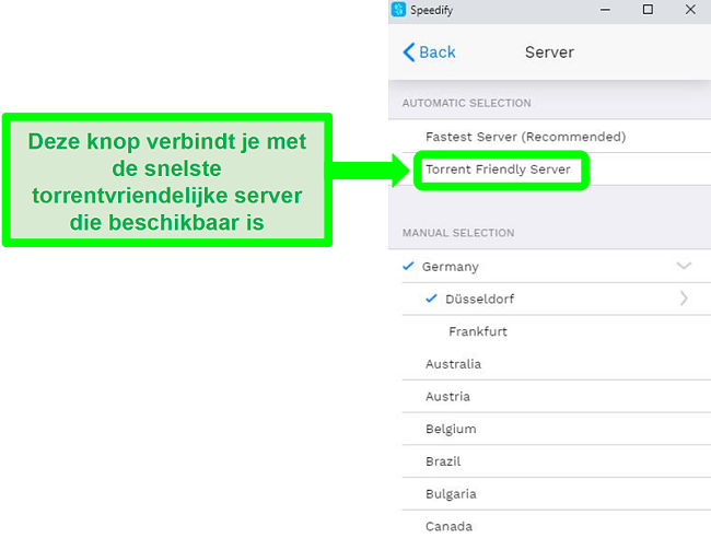 Screenshot van het serverselectiemenu van Speedify