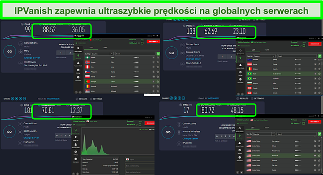 Zrzut ekranu 4 testów prędkości podczas połączenia z różnymi serwerami IPVanish.