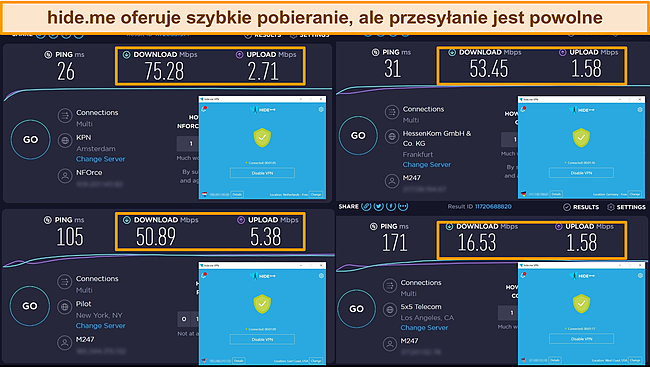 Zrzut ekranu z wynikami testu prędkości hide.me z Holandii, Niemiec i USA.