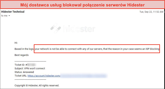 Zrzut ekranu Hidestera zablokowany przez dostawcę usług internetowych