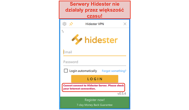 Zrzut ekranu przedstawiający Hidester, który nie może się połączyć