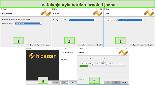 Zrzuty ekranu z procesu instalacji Hidestera
