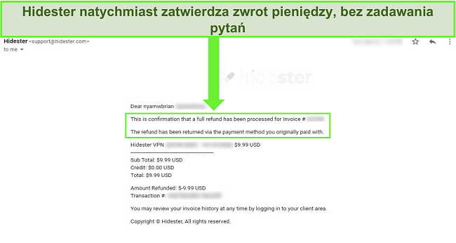 Zrzut ekranu przedstawiający pomoc techniczną Hidester zatwierdzającą zwrot pieniędzy