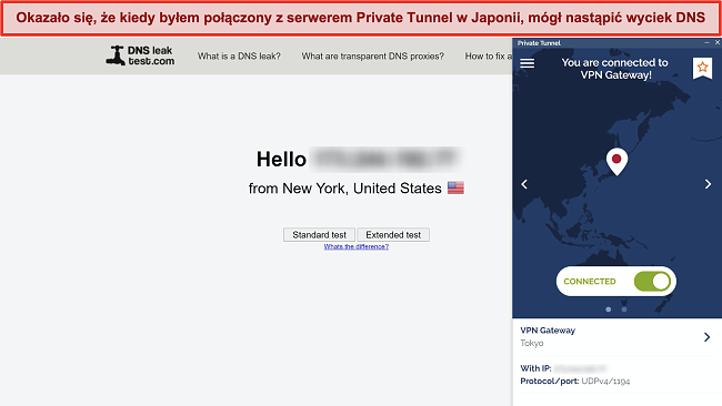 Zrzut ekranu DNSleaktest.com pokazujący połączenie z Nowego Jorku pomimo połączenia z serwerem w Japonii.
