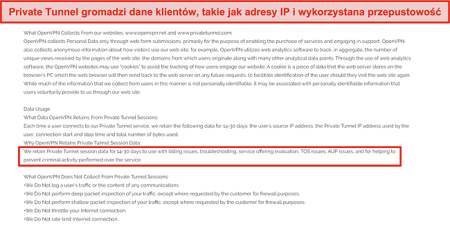 Zrzut ekranu przedstawiający zasady gromadzenia, przechowywania i użytkowania danych Private Tunnel.