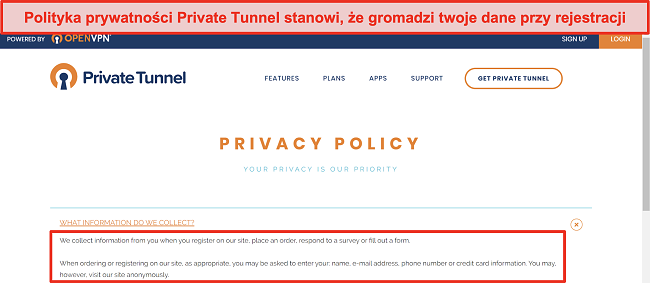 Zrzut ekranu z Polityką prywatności Private Tunnel