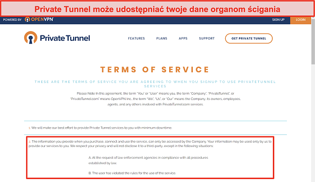 Zrzut ekranu z Warunkami korzystania z usługi Private Tunnel