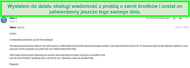 Zrzut ekranu wiadomości e-mail od zespołu pomocy Speedify przetwarzającej żądanie zwrotu pieniędzy