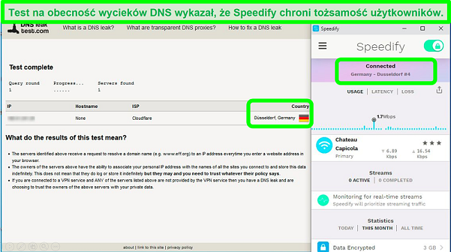 Zrzut ekranu z testu wycieku DNS, gdy Speedify jest połączony z niemieckim serwerem