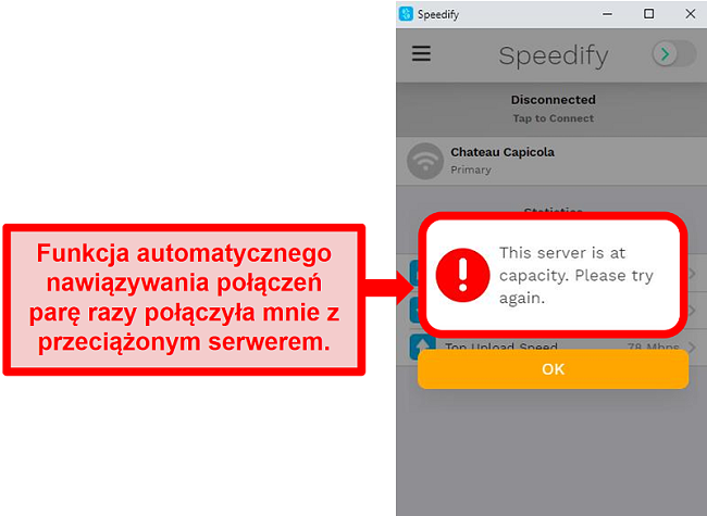 Zrzut ekranu interfejsu użytkownika Speedify wyświetlający komunikat o błędzie informujący, że serwer jest zajęty