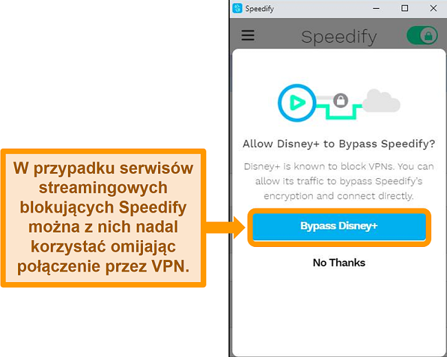 Zrzut ekranu interfejsu użytkownika Speedify pokazujący opcję obejścia dla Disney +