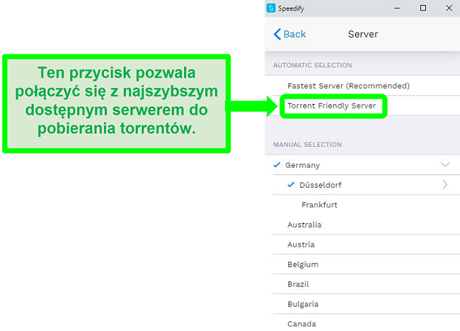 Zrzut ekranu menu wyboru serwera Speedify