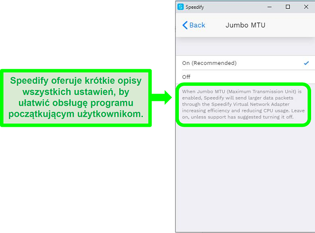 Zrzut ekranu z wyjaśnieniem pod jednym z ustawień Speedify