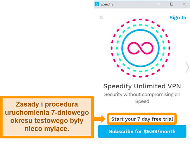 Zrzut ekranu ekranu startowego Speedify