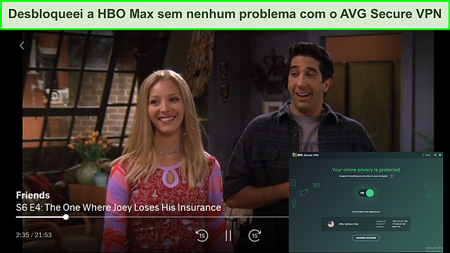 Captura de tela mostrando o AVG Secure VPN desbloqueado HBO Max perfeitamente.