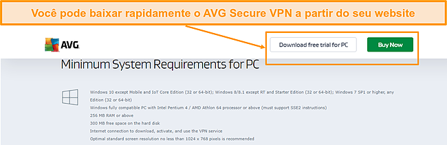 Captura de tela da página de download do AVG Secure PC.