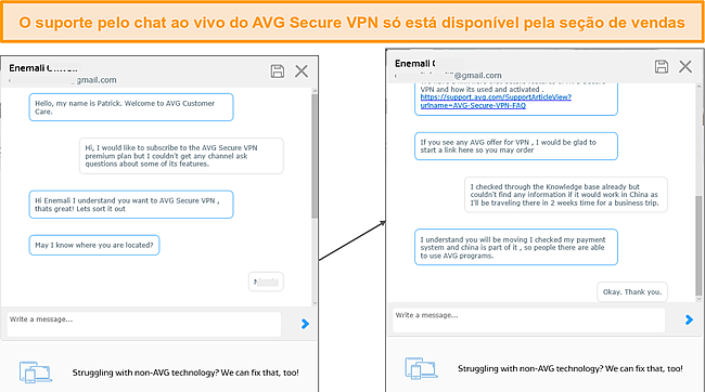 Captura de tela do suporte de bate-papo ao vivo do AVG Secure.