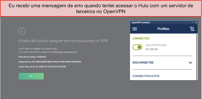 Captura de tela do erro do Hulu VPN, com o aplicativo OpenVPN aberto ao lado.