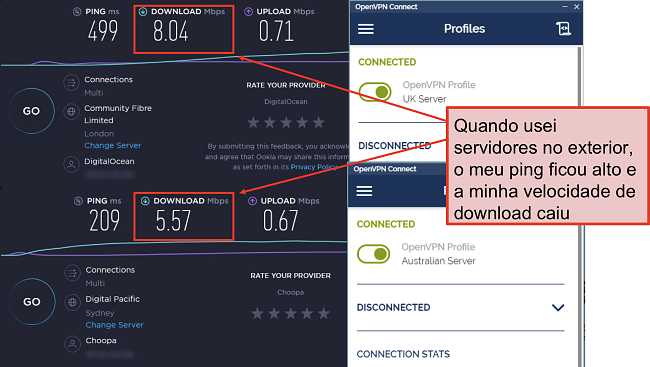 captura de tela de dois speedtests, um com um servidor em Londres e outro com um servidor em Sydney