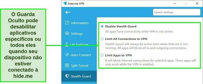 Screenshot van Stealth Guard-instellingen in de Windows-app van hide.me