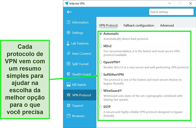 Screenshot van de VPN-protocollijst van hide.me