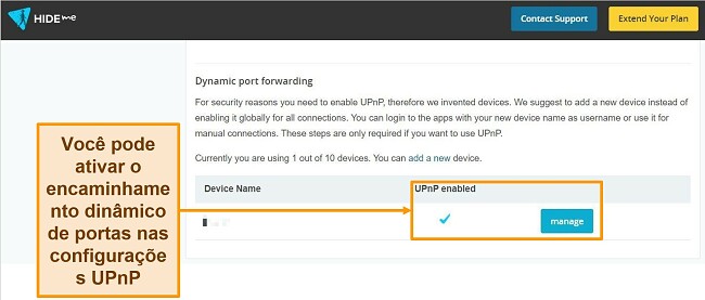 Screenshot van de dynamische port forwarding-instellingen van hide.me