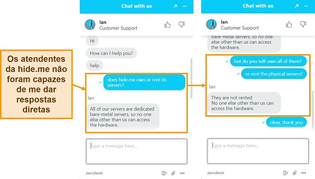 Screenshots van een live chatgesprek met een hide.me agent
