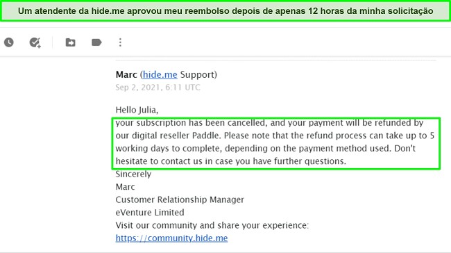Screenshot van een e-mail waarin een terugbetaling van hide.me wordt goedgekeurd