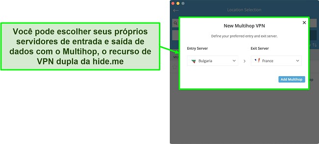 Screenshot van het maken van een Multihop dubbele VPN-verbinding in de MacOS-app van hide.me