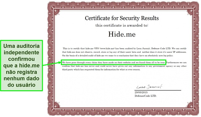 Screenshot van het beveiligingscertificaat dat is toegekend aan hide.me om het beleid voor geen loggen te bevestigen