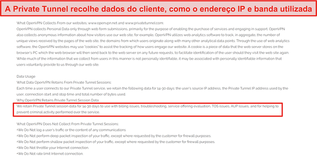 Captura de tela da política de coleta, retenção e uso de dados do Túnel Privado.