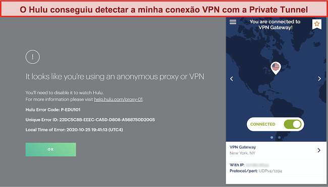 Captura de tela do Hulu bloqueando a conexão do VPN de túnel privado