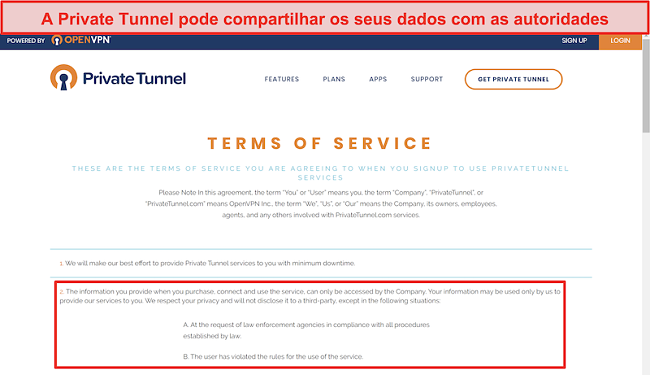 Captura de tela dos Termos de Serviço do Túnel Privado