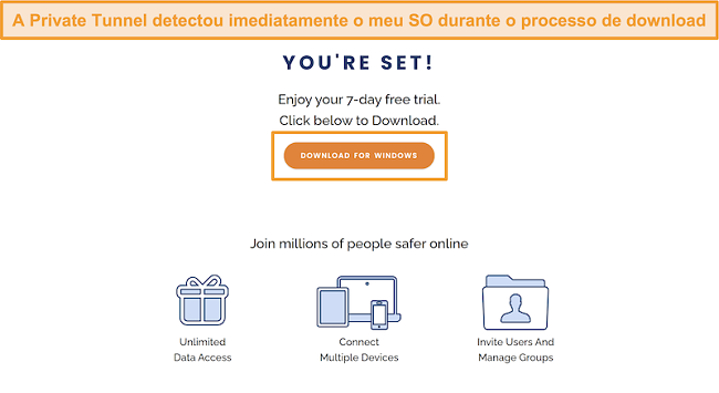 Captura de tela da tela de download do Túnel Privado