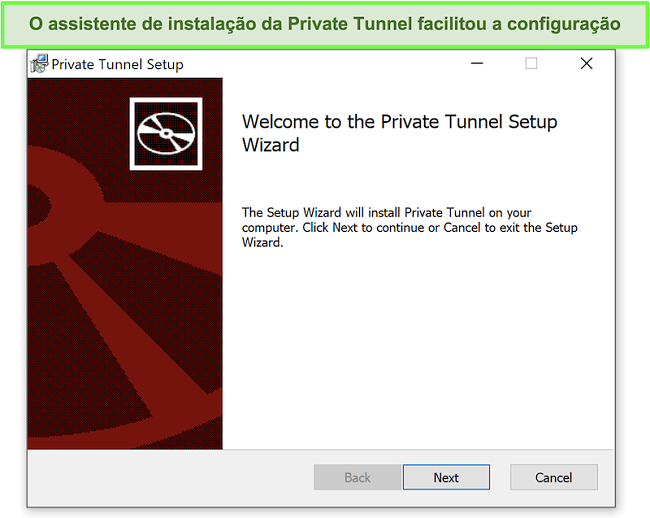 Captura de tela do assistente de instalação do Túnel Privado.