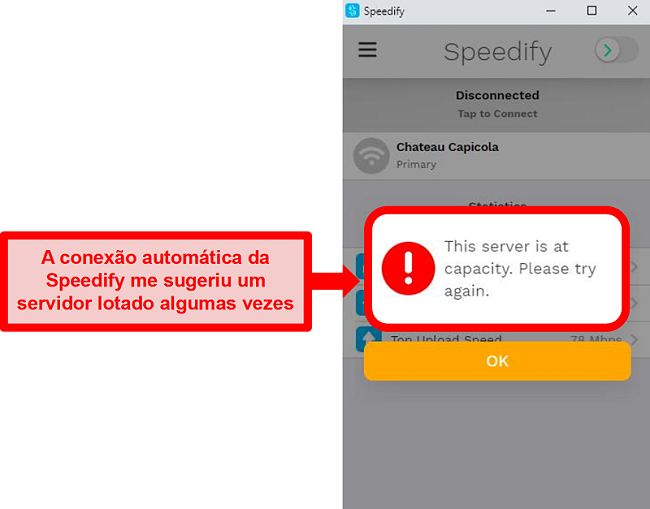 Captura de tela da interface do usuário do Speedify exibindo uma mensagem de erro informando que um servidor está no limite
