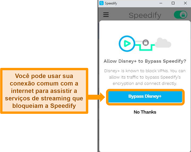 Captura de tela da interface do usuário do Speedify mostrando uma opção de ignorar para Disney +