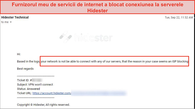 Captură de ecran a Hidester blocat de ISP