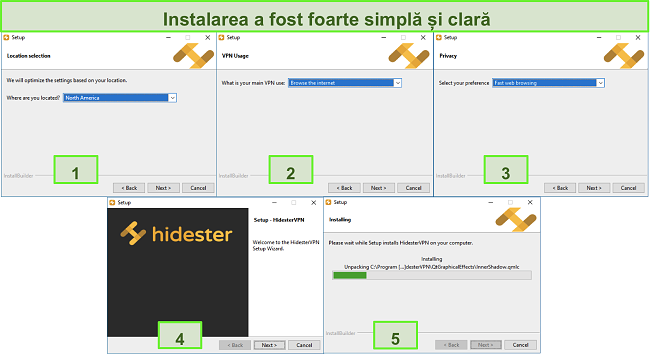 Capturi de ecran ale procesului de instalare Hidester