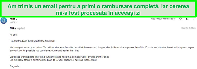 Captură de ecran a unui e-mail de la asistența Speedify care procesează o cerere de rambursare