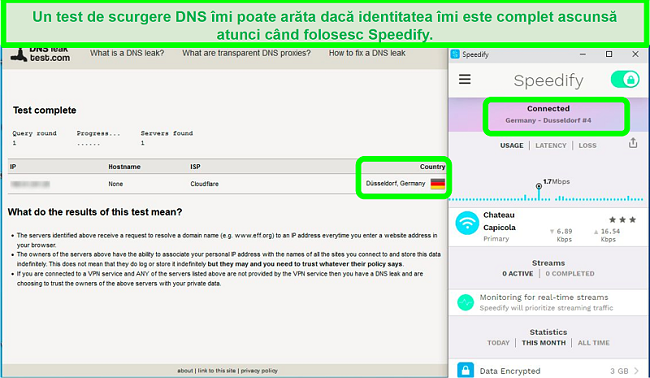 Captură de ecran a unui test de scurgere DNS în timp ce Speedify este conectat la un server german