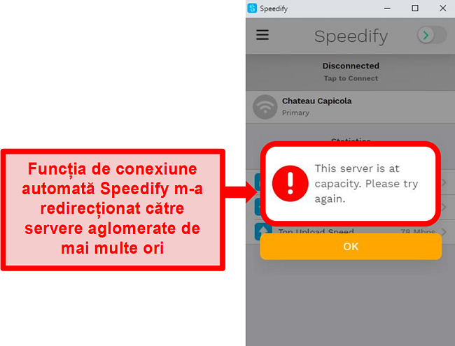 Captură de ecran a interfeței cu utilizatorul Speedify care afișează un mesaj de eroare că un server este la capacitate