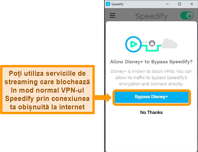 Captură de ecran a interfeței cu utilizatorul Speedify care prezintă o opțiune de bypass pentru Disney +