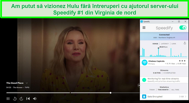 Captură de ecran a Netflix care joacă Unbreakable Kimmy Schmidt în timp ce Speedify este conectat la un server în spaniolă