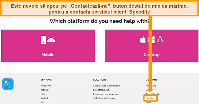Captură de ecran a paginii de asistență de pe site-ul Speedify