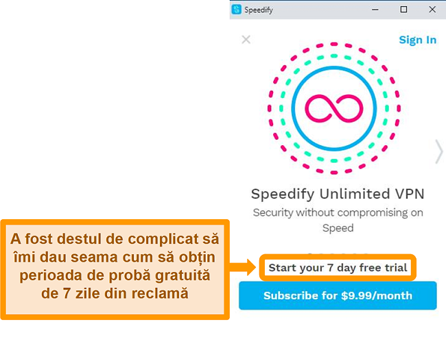 Captură de ecran a ecranului de pornire Speedify