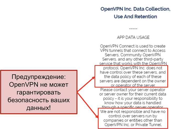 снимок экрана с политикой конфиденциальности OpenVPN.